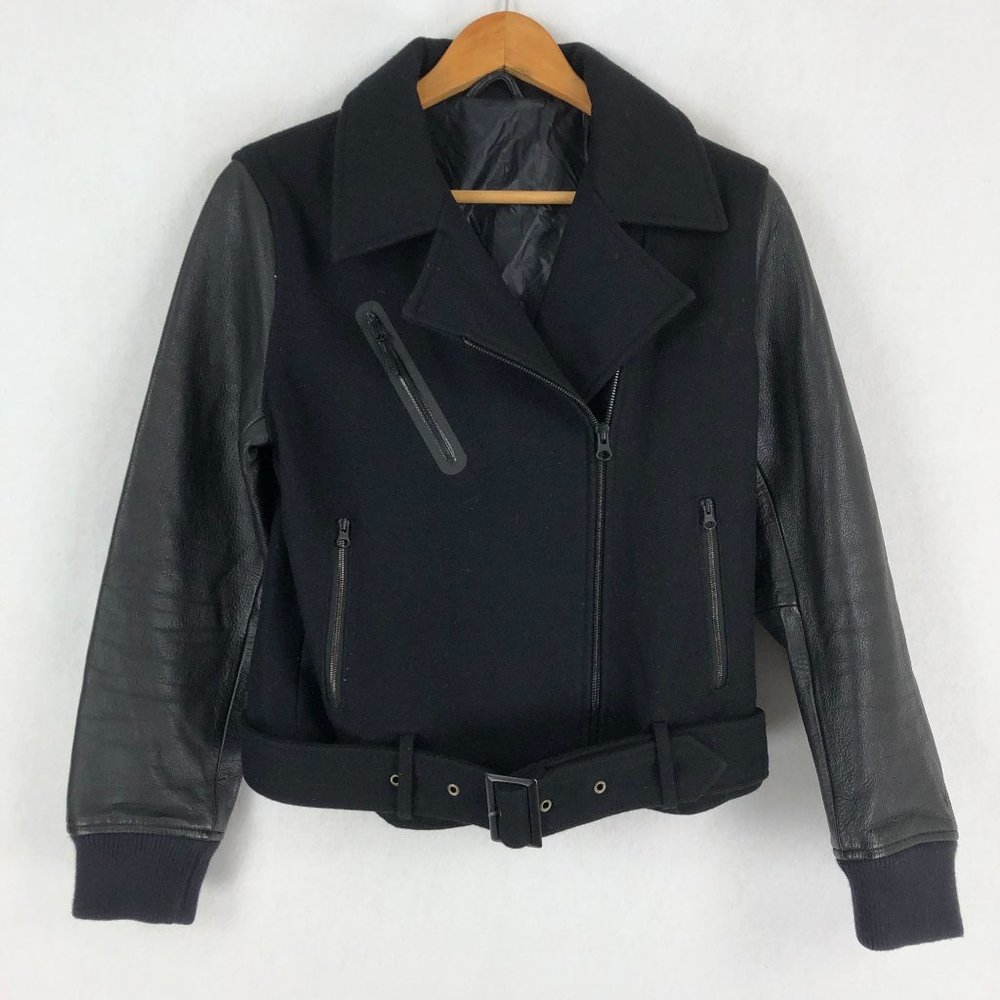 Nike NSW Women's Size Medium Black Wool Leather Zip Front Moto Jacket
